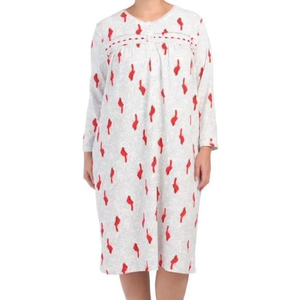 Relaxed Soft Stretchy Cozy Bird Novelty Printed Fleece Nightgown Plus Size 1X